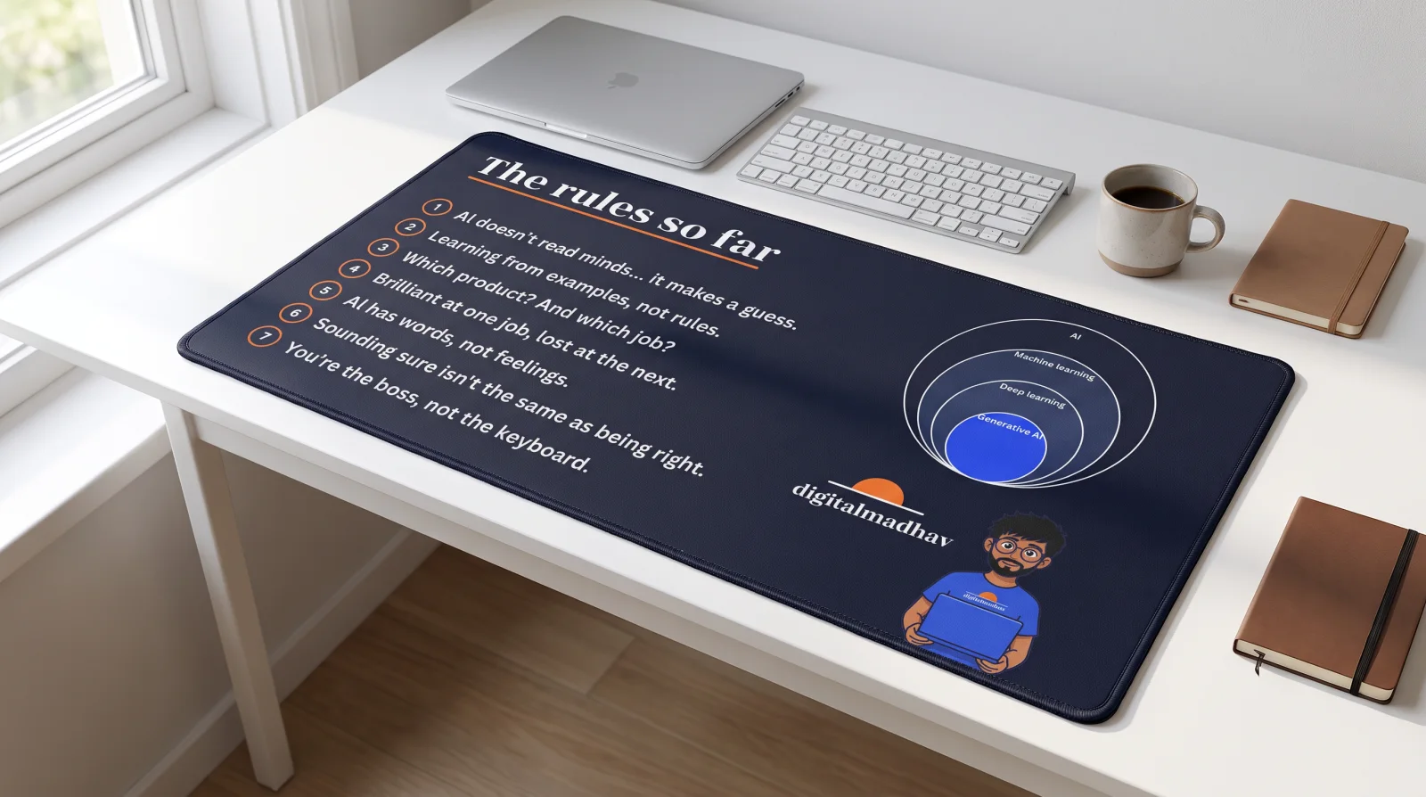 The Rules So Far desk mat on a desk